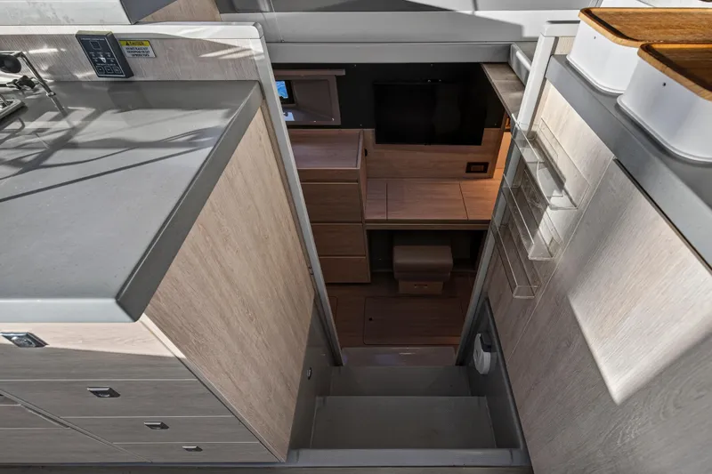 Slide: The Image of Modern interior of 2020 Leopard 40 catamaran, featuring sleek kitchen and cozy living area. - 78