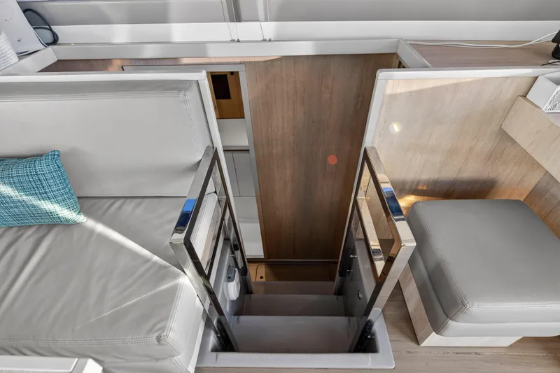 Slide: The Image of Interior of 2020 Leopard 40 yacht with modern seating and staircase. - 90