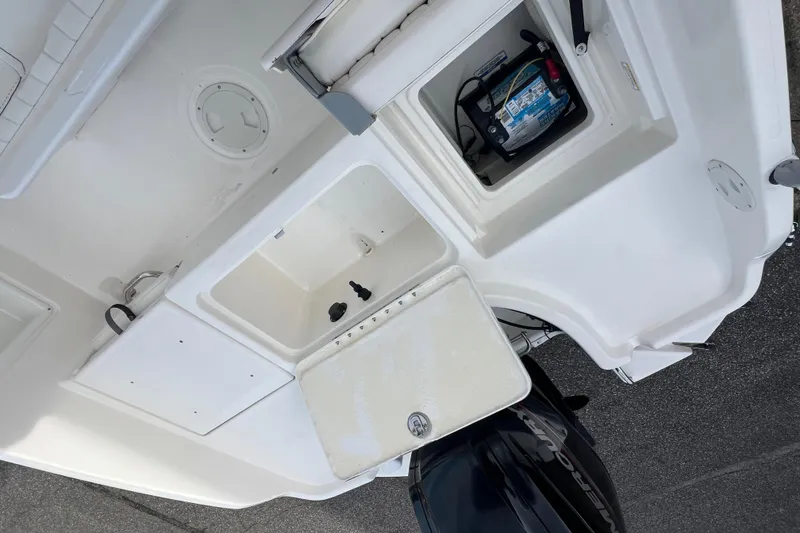 Slide: The Image of 2020 Bayliner Element F18 boat interior with storage compartments and battery. - 12