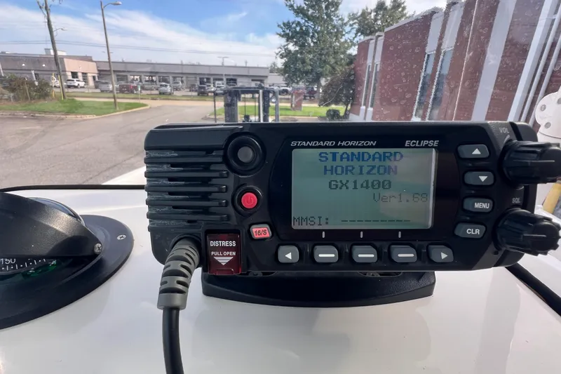 Slide: The Image of Standard Horizon GX1400 radio on 2020 Bayliner Element F18 boat dashboard. - 14