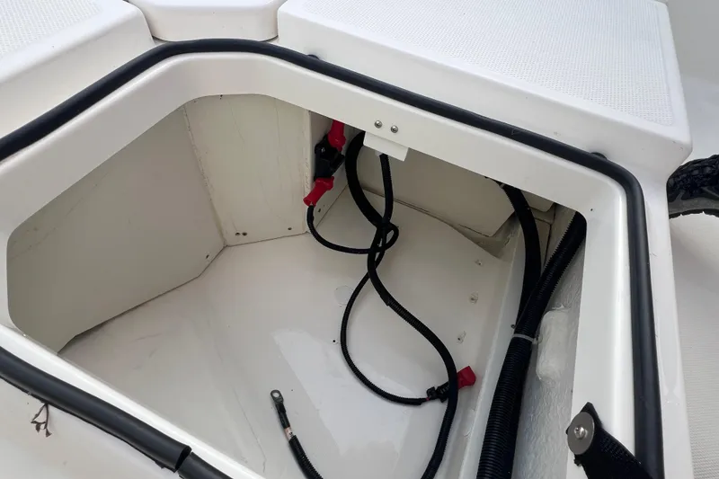 Slide: The Image of 2020 Bayliner Element F18 storage compartment with wiring and connectors. - 21