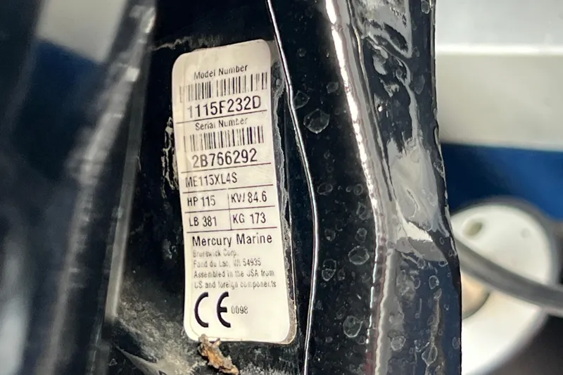 Slide: The Image of Close-up of Mercury Marine engine label on 2020 Bayliner Element F18 boat. - 29