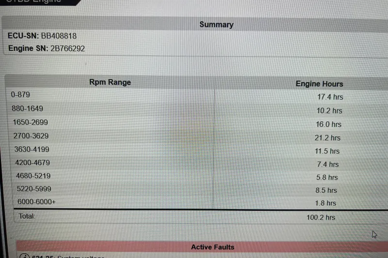 Slide: The Image of 2020 Bayliner Element F18 engine hours summary with RPM range details. - 31