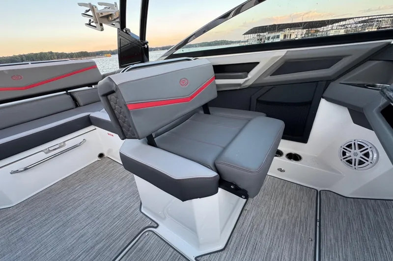 Slide: The Image of 2023 Cobalt R4 Surf boat interior with sleek seating and modern design. - 18