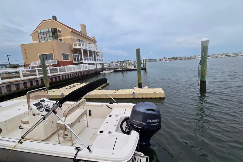 Slide: The Image of 2021 Carolina Skiff 19 LS boat docked with Yamaha 115 engine, near waterfront property. - 9