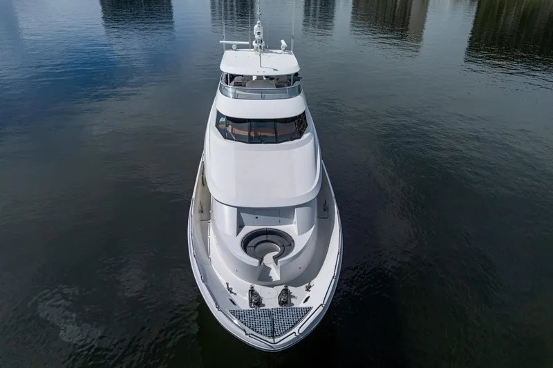 Slide: The Image of Luxury Westport 112 yacht from 2006, aerial view on calm water. - 120
