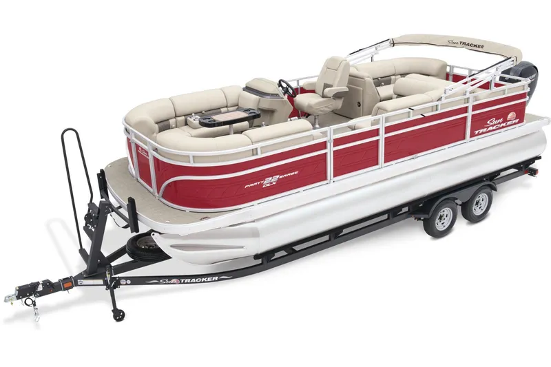 The Image of 2025 Sun Tracker Party Barge 22 RF DLX interior with beige seating and cup holders. - 0