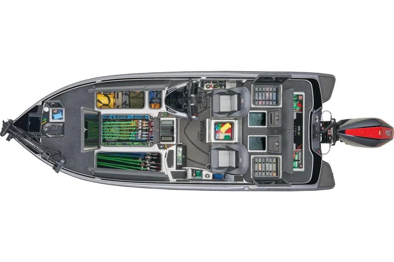 Slide: The Image of Steering wheel and display of 2025 Triton 21XP Patriot boat, sunny day. - 4