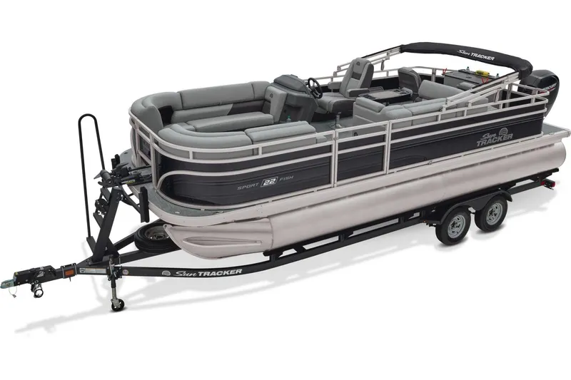 The Image of 2026 Sun Tracker SportFish 22 DLX pontoon boat displayed indoors. - 0