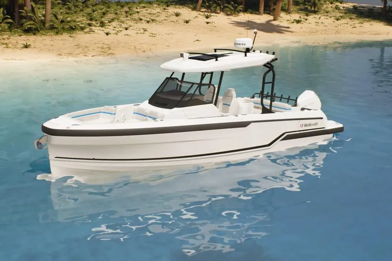 The Image of 2026 Wellcraft 28 T-Top boat on clear water near a sandy beach. - 0