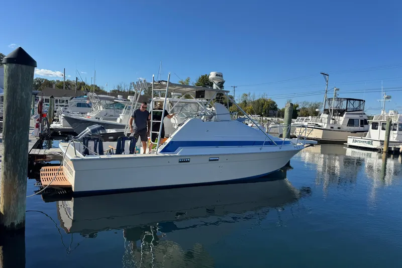 Slide: The Image of 1986 Luhrs Tournament 290 boat docked at marina under clear blue sky. - 4