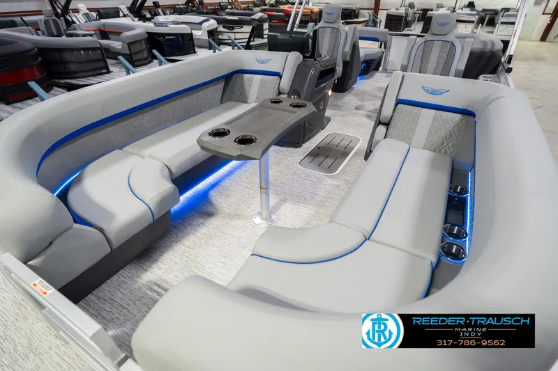 Slide: The Image of 2026 Bennington 24 MOFB pontoon boat interior with luxurious seating and modern design. - 12