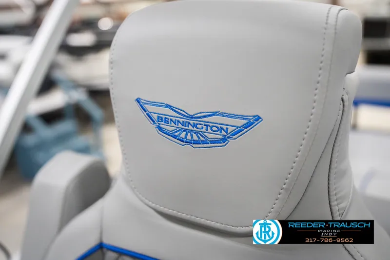 Slide: The Image of 2026 Bennington 24 MOFB boat seat with blue embroidered logo. - 45