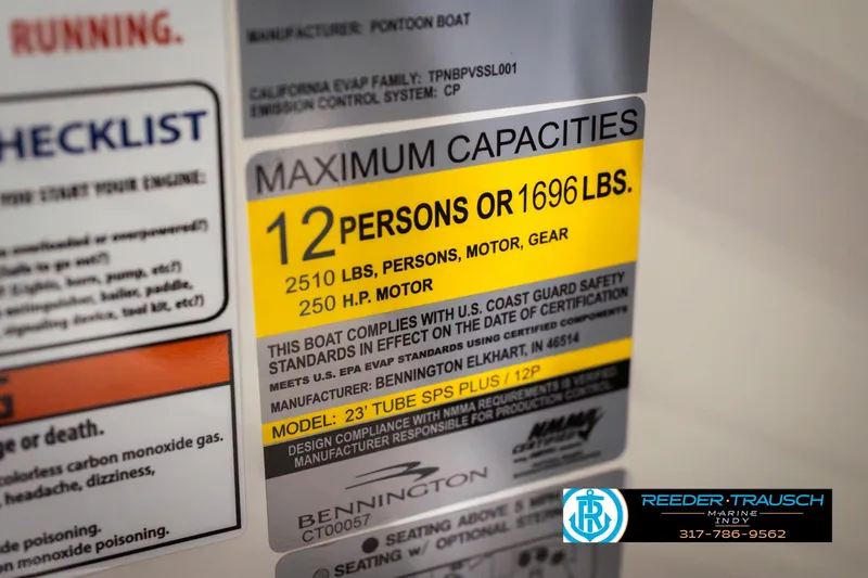 Slide: The Image of Capacity label for 2026 Bennington 24 MOFB, 12 persons or 1696 lbs, 250 HP motor. - 62