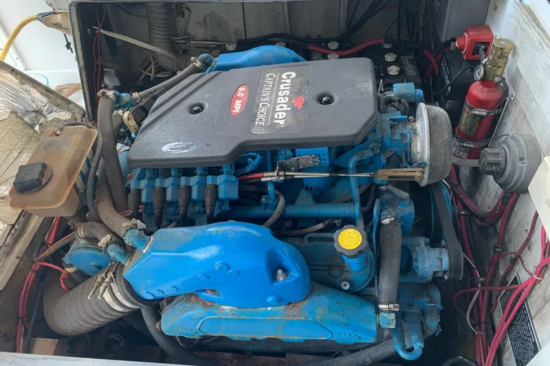 Slide: The Image of Engine compartment of a 1974 Bertram 31 Flybridge Cruiser with Crusader 6.0 MPI engine. - 28