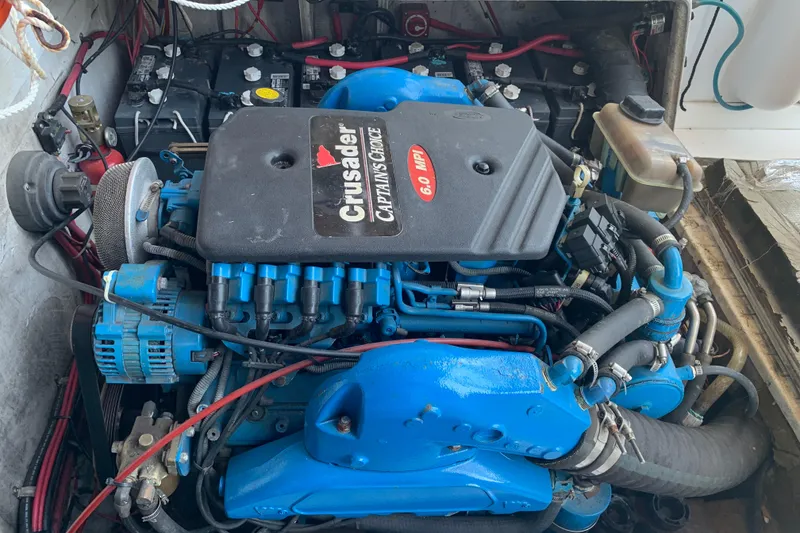 Slide: The Image of Engine compartment of a 1974 Bertram 31 Flybridge Cruiser with Crusader 6.0 MPI engine. - 36