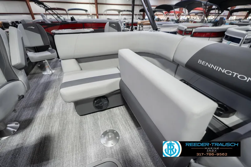 Slide: The Image of 2026 Bennington 22 SF boat interior with gray seating and modern design. - 27