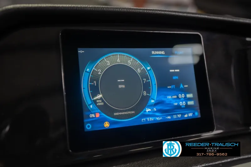 Slide: The Image of 2026 Bennington 22 SF dashboard display showing RPM and fuel metrics. - 45