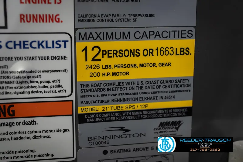 Slide: The Image of Capacity label for 2026 Bennington 22 SF boat, 12 persons or 1663 lbs, 200 HP motor. - 67
