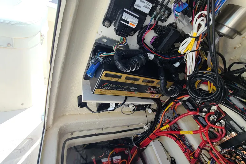 Slide: The Image of 2023 Pathfinder 2500 Hybrid boat wiring and electrical components setup. - 36