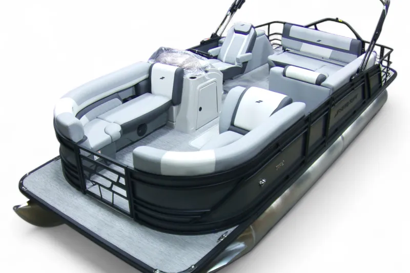 Slide: The Image of 2026 Starcraft EXS 3 Q pontoon boat with sleek seating and modern design. - 2