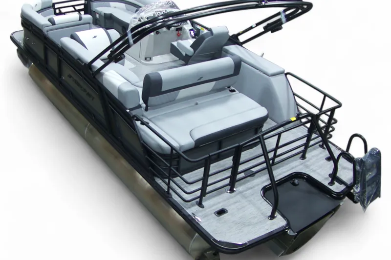 Slide: The Image of 2026 Starcraft EXS 3 Q pontoon boat with sleek design and spacious seating. - 3