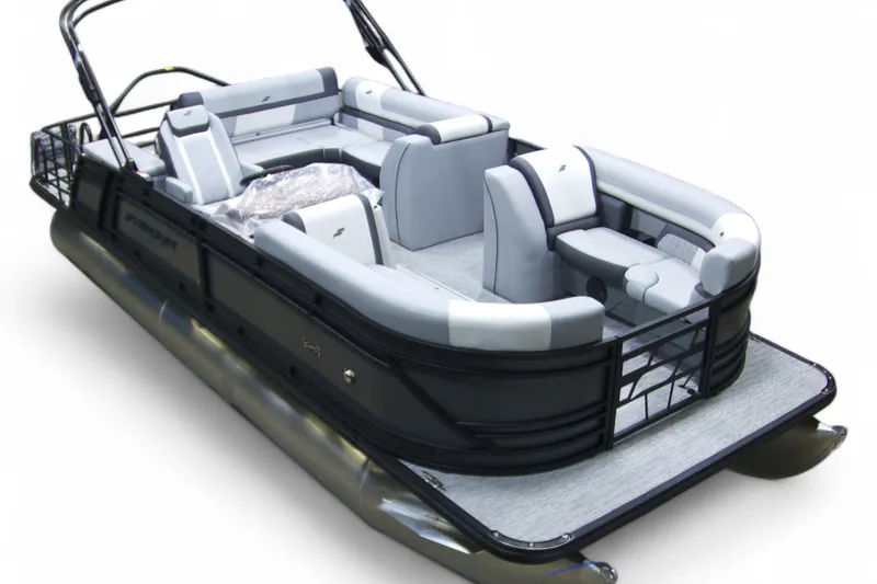 Slide: The Image of 2026 Starcraft EXS 3 Q pontoon boat with sleek design and spacious seating. - 4