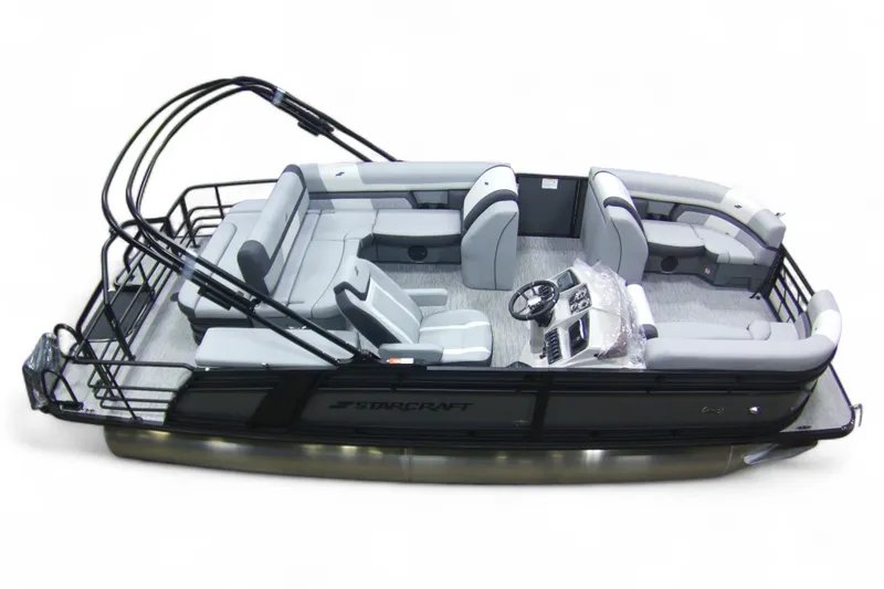 Slide: The Image of 2026 Starcraft EXS 3 Q pontoon boat with sleek design and spacious seating. - 5