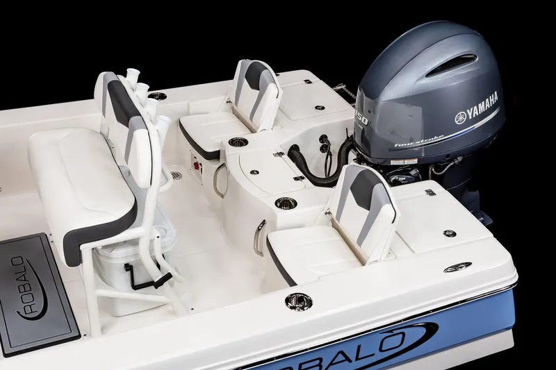 Slide: The Image of Manufacturer Provided Image: 2023 Robalo 206 Cayman boat with Yamaha engine, featuring seating and storage compartments. - 50