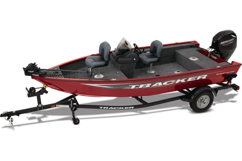 Slide: The Image of Manufacturer Provided Image: 2026 Tracker Super Guide V-16 SC fishing boat, red, on trailer with Mercury outboard motor. - 24