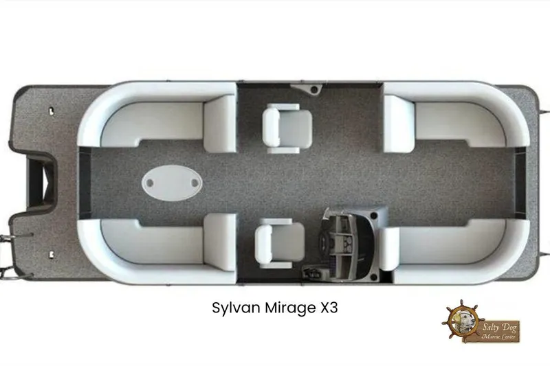 Slide: The Image of Interior seating of 2026 Sylvan Mirage X3 boat, featuring modern design and comfortable upholstery. - 11