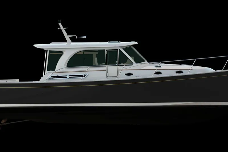 The Image of 2026 Back Cove 412 yacht cruising near waterfront buildings. - 0