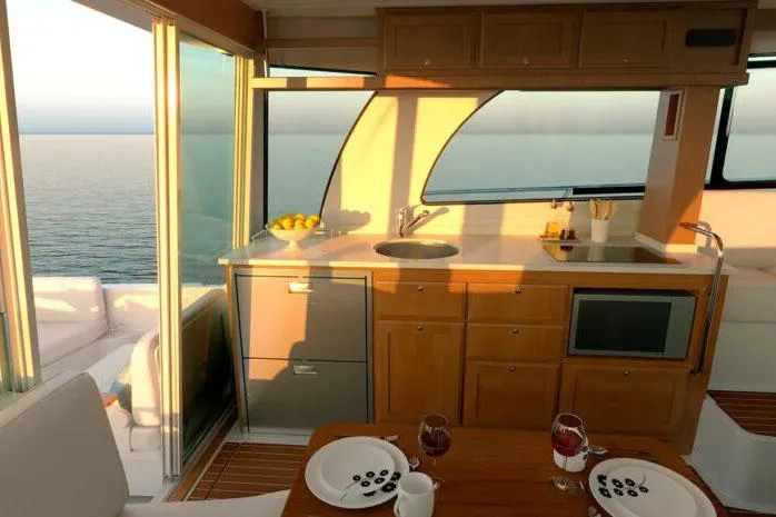 Slide: The Image of Luxurious interior of 2026 Back Cove 412 yacht with elegant seating and dining area. - 4