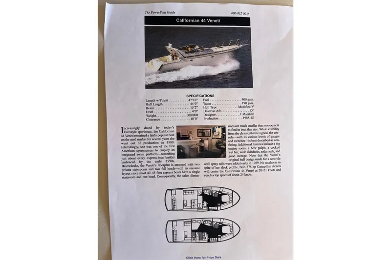 Slide: The Image of Californian 44 Veneti 1987 brochure with specifications, interior images, and layout diagrams. - 29