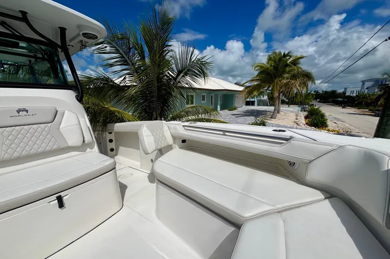 Slide: The Image of 2024 World Cat 325 CC boat interior with white seating, palm trees, and blue sky background. - 23