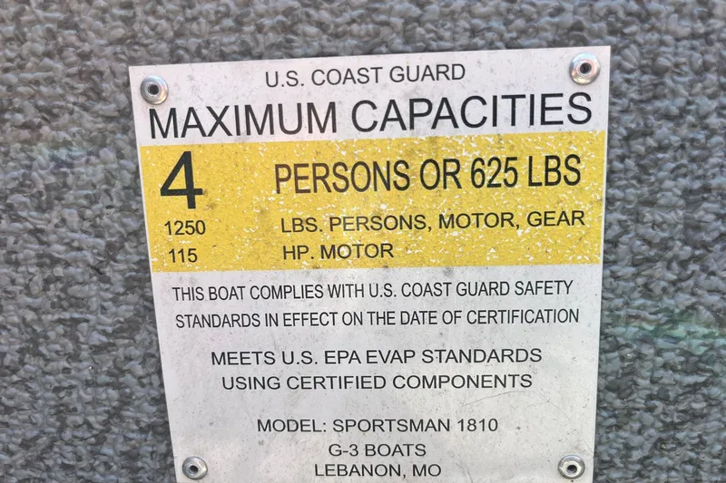 Slide: The Image of 2020 G3 BOATS Sportsman 1810 capacity label, 4 persons or 625 lbs, U.S. Coast Guard compliant. - 27