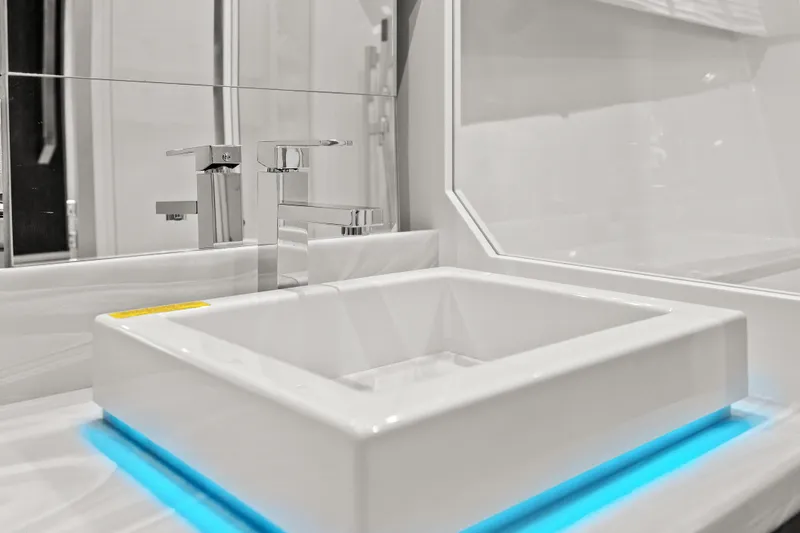 Slide: The Image of Modern kitchen interior of 2024 Formula 500 Super Sport Crossover with wood cabinetry and appliances. - 38