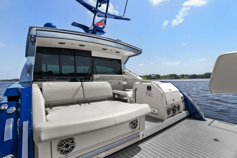 Slide: The Image of 2024 Formula 500 Super Sport Crossover boat with sleek speakers and luxurious seating. - 67