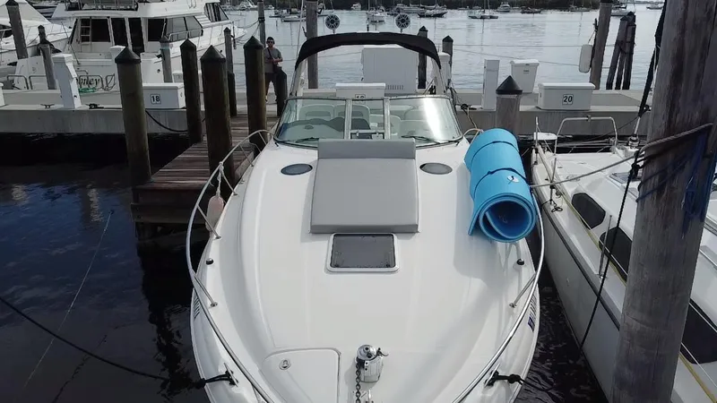 Slide: The Image of 2005 Sea Ray 320 Sundancer docked at marina with blue mat on deck. - 5