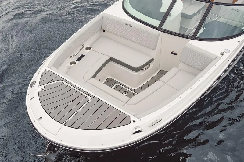 Slide: The Image of 2025 Sea Ray SDX 270 Surf boat interior with luxurious seating and modern design. - 3