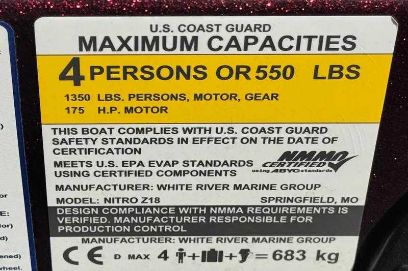 Slide: The Image of 2023 Nitro Z18 boat capacity label, U.S. Coast Guard certified, 4 persons or 550 lbs. - 21