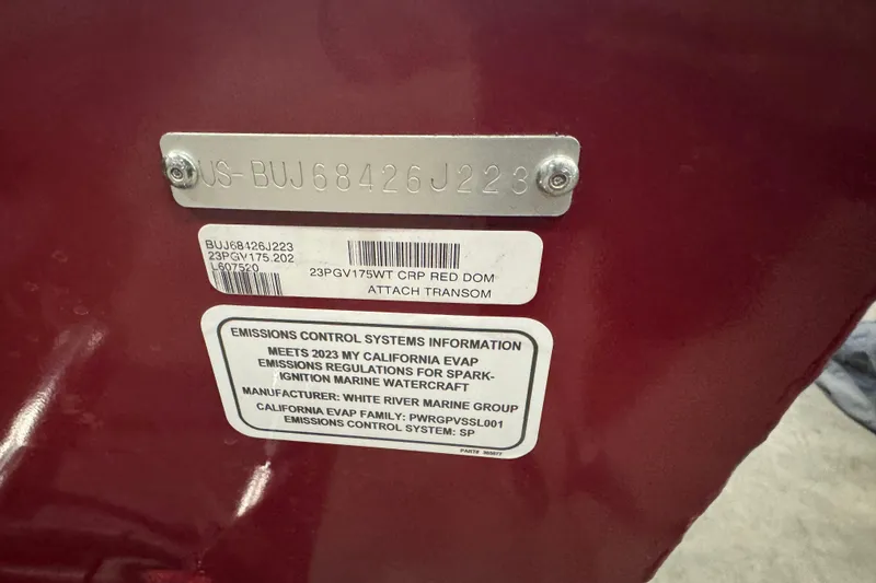 Slide: The Image of 2023 Tracker Pro Guide V-175 WT boat identification and emissions control information plate. - 5