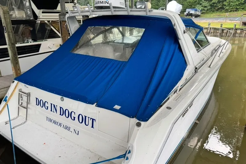 The Image of 1990 Sea Ray 350 Express Cruiser docked, blue cover, "Dog In Dog Out" text, Thorofare, NJ. - 0
