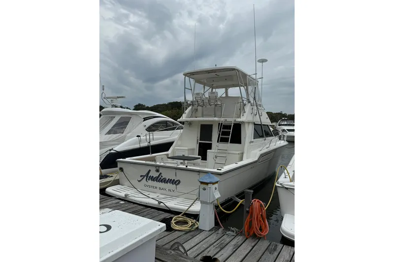 The Image of 1991 Tiara Yachts 4300 Convertible docked at marina, overcast sky. - 0