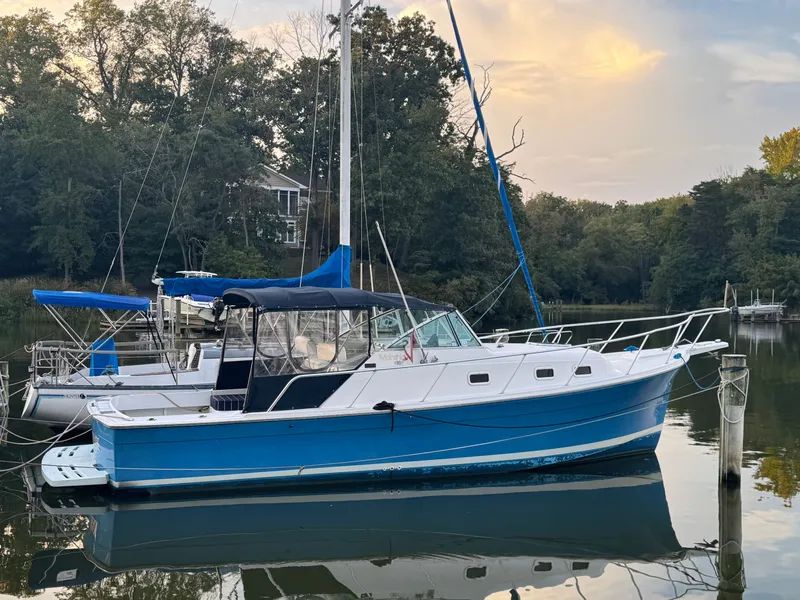 The Image of 1999 Mainship Pilot 30 Sedan boat docked on calm water, surrounded by trees. - 0