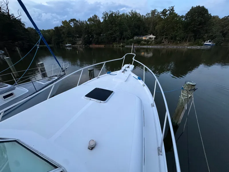 Slide: The Image of 1999 Mainship Pilot 30 Sedan docked in a serene, wooded marina setting. - 27