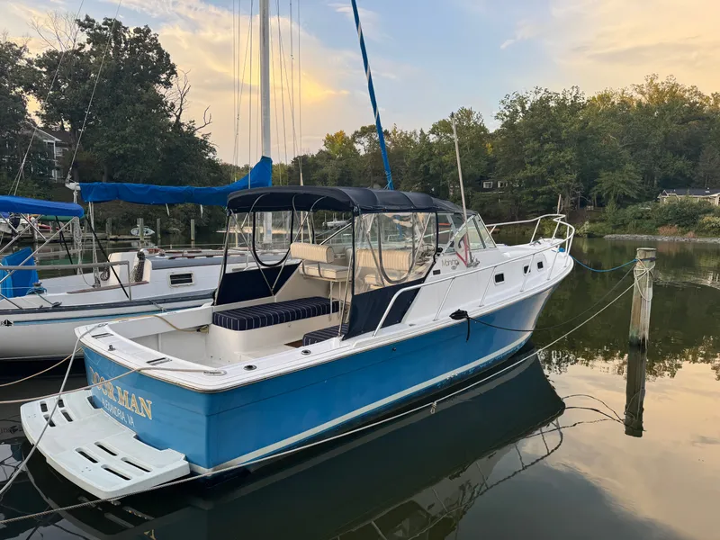 Slide: The Image of 1999 Mainship Pilot 30 Sedan boat docked on calm water, surrounded by trees. - 4