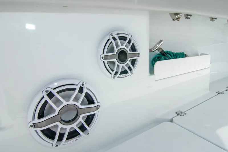 Slide: The Image of 2022 Freeman 37 VH boat speakers and hose storage on deck. - 31