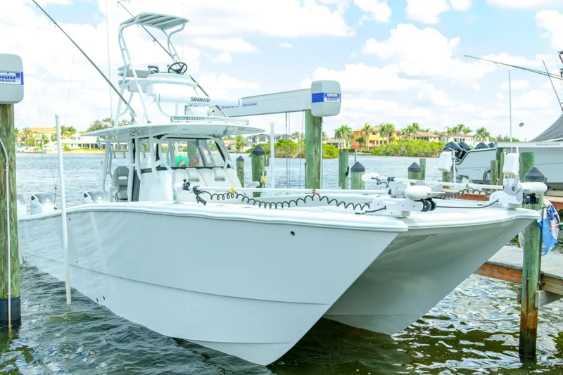 Slide: The Image of 2022 Freeman 37 VH boat docked at marina with clear skies. - 51