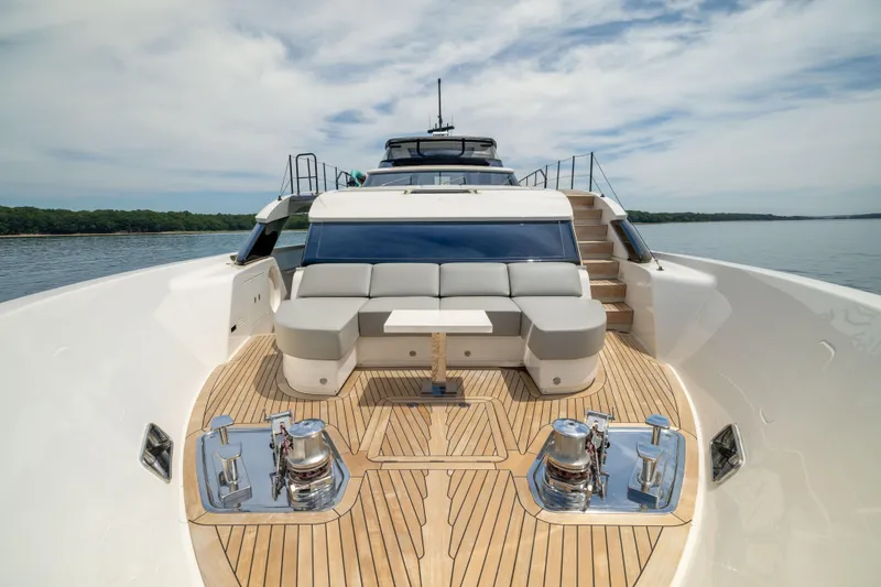 Slide: The Image of 2024 Sanlorenzo SL90A yacht deck with luxurious seating and sleek design. - 17